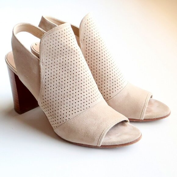 Via Spiga Beige Suede Leather Peep Toe Block Heel Perforated Bootie Shoes 5.5 - Picture 16 of 16
